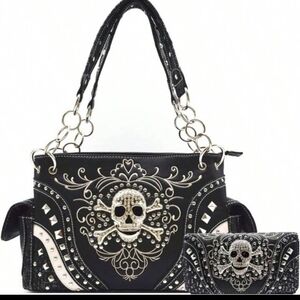 Black Skull Embellished Handbag Set